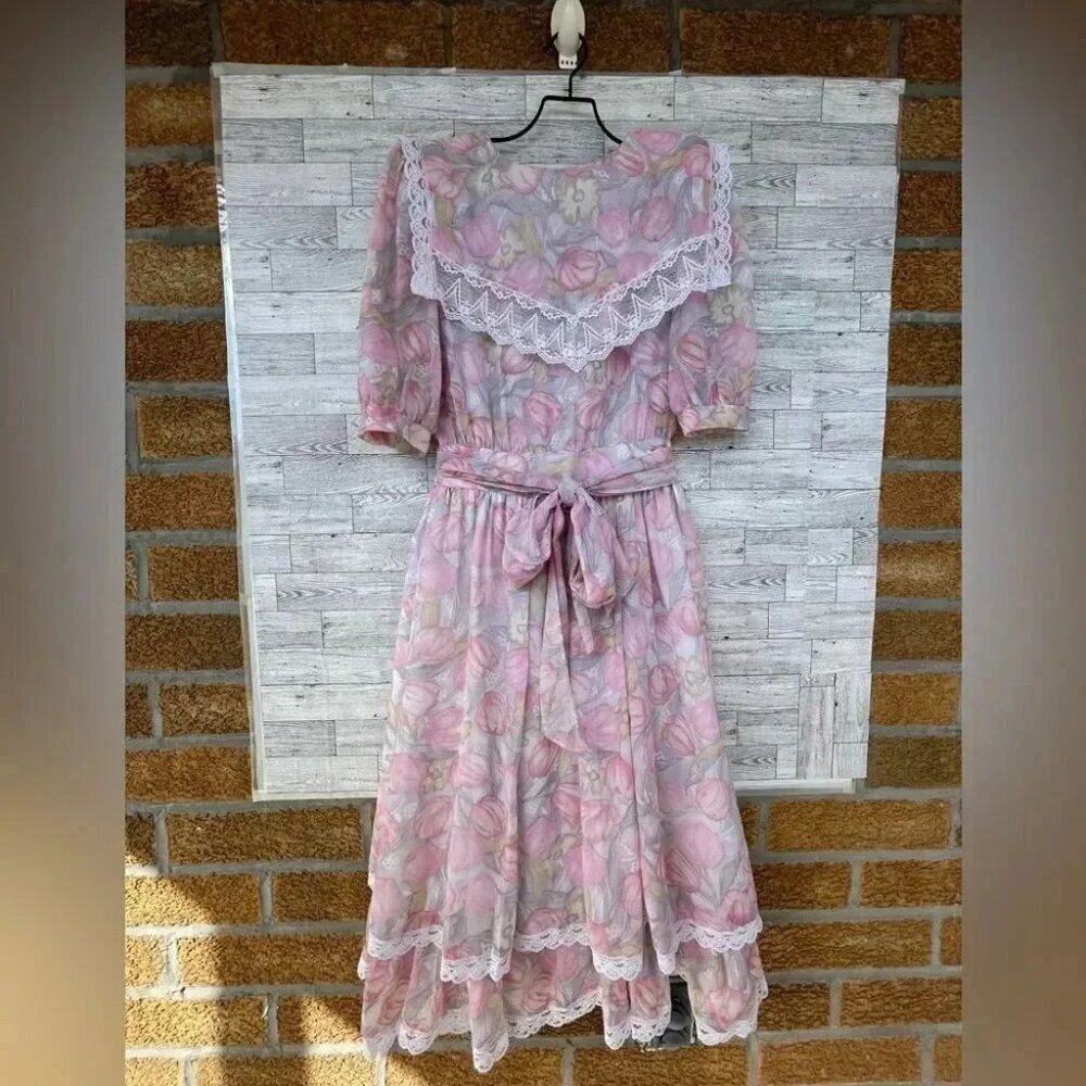 Gunne Sax By Jessica Mcclintock Pink Floral Prairie Victorian Dress Size 7